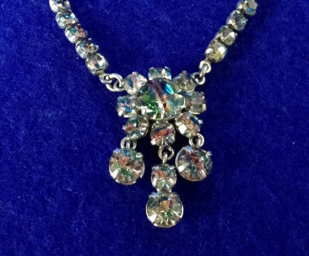 Aurora Borealis Claw Set Rhinestone Bib Necklace Vintage Mid Century ...