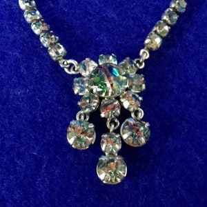 Aurora Borealis Claw Set Rhinestone Bib Necklace - Vintage Mid Century 1950s on fine White Metal Chain