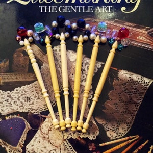 Plastic n Glass , Collection of Six Vintage Celluloid English Lace Making Bobbins Decorated with Glass Beads