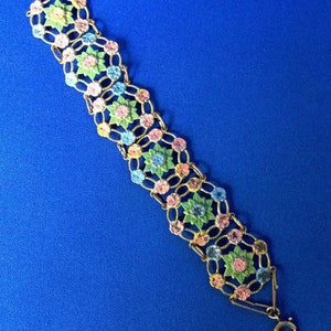 Edwardian Bohemian Cold Painted Gold Tone Pink Blue and Green Floral Bracelet