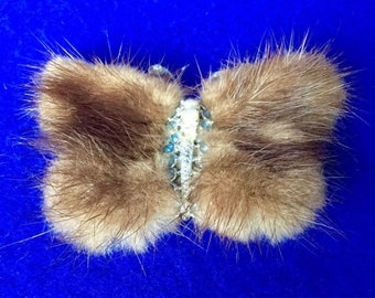 Utterly Fabulous Vintage 1950s Mink Butterfly Brooch with Faux Pearls & Sapphire Rhinestones with Silver Tone Body.