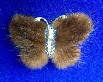 Vintage 1950s Dark Brown Mink Butterfly Brooch with Faux Pearls & Sapphire Rhinestones with a Silvertone Body.