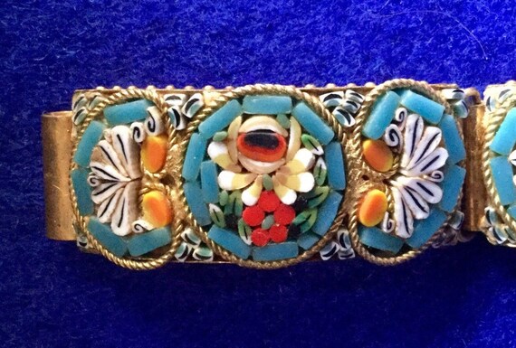 Bracelet Victorien Micro Mosaïque Floral - 5 Panneaux, Multicolore - Longueur 19.1 Cm - Italie - Occasion