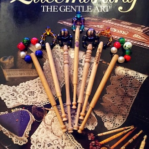 Bead Bobbins , Collection of Seven Vintage Polished  Beech Wood English Lace Making Bobbins Decorated with Glass Beads