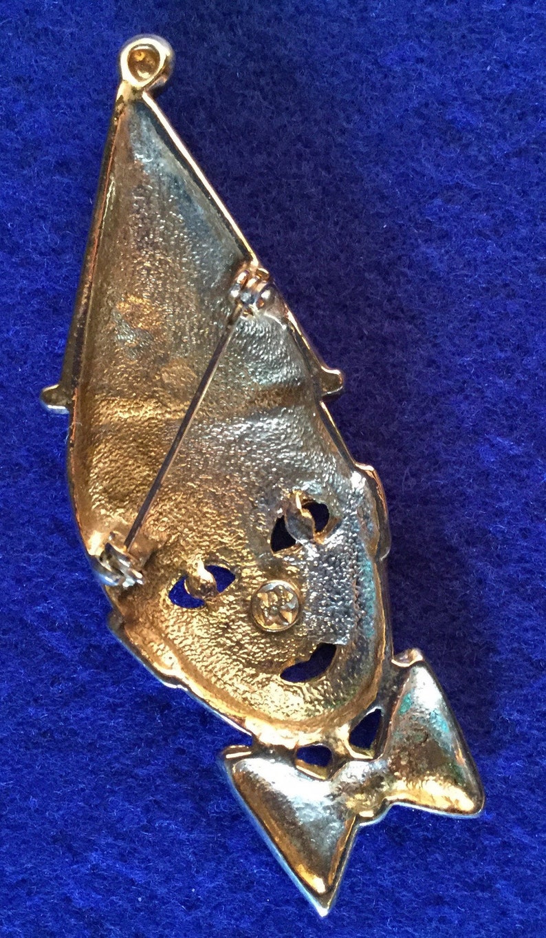 1950s Pierrot Brooch - Classic 1950s Clown Brooch in Reflective Goldtone with Tearful Eye, Pointed Hat, Studded Bow Tie Black Enamel Details image 7
