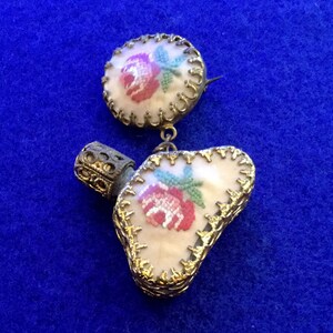 Vintage 1950s Petit Point Filigree Gold tone Metal Perfume Bottle attached by a Chatelaine Chain to a Round Brooch