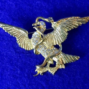Vintage 1950s Gold Tone & Rhinestone Aztec Legend Raptor Eagle and Snake Brooch