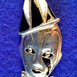 1950s Pierrot Brooch - Classic 1950s Clown Brooch in Reflective Goldtone with Tearful Eye, Pointed Hat, Studded Bow Tie Black Enamel Details image 5