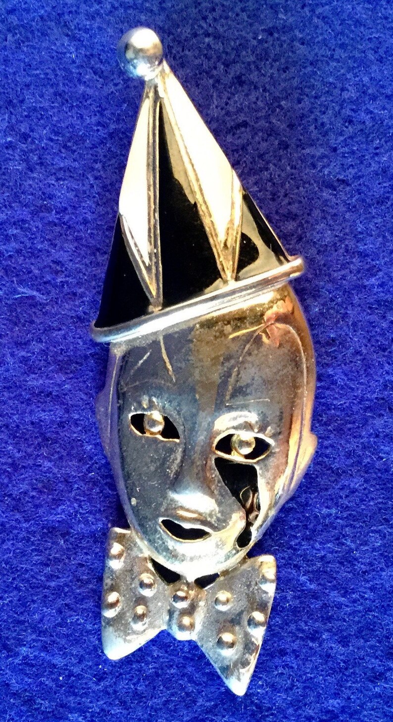 1950s Pierrot Brooch - Classic 1950s Clown Brooch in Reflective Goldtone with Tearful Eye, Pointed Hat, Studded Bow Tie Black Enamel Details image 5