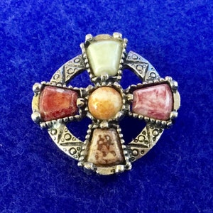 Vintage 1950s Celtic Style Mizpah Pewter Brooch with Five Polished Stones