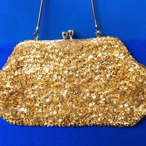 1950s Vintage Gold Evening Bag with Snaky Strap in Glittering Gold Beads & Sequins Yellow Silk Lining made in HongKong