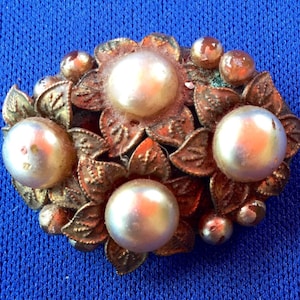Edwardian Bohemian Brass and Faux Pearl Oval Brooch with Floral Motifs