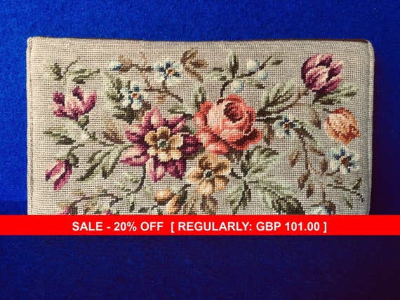 Vintage 1930s Needlepoint Clutch Bag with Silk Moi