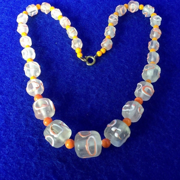 Vintage 1950s Venetian ‘Wedding Cake Beads’ Murano Graduated Glass Bead 14” Necklace in Clear Glass with Coral & Cream PipingOrange Spacers