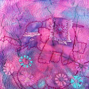 Quilted Elephant Embroidery Square in Pinks and Greens by Gilly Pain