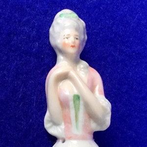 1920s Regency Style Half Doll with Legs! - Unmarked Glazed Bisque Half Doll with Pink Gown and Pompadour Hairstyle