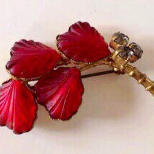 Peut inclure: Une broche vintage avec un groupe de feuilles en verre rouge sur une tige en métal doré et un seul strass transparent.