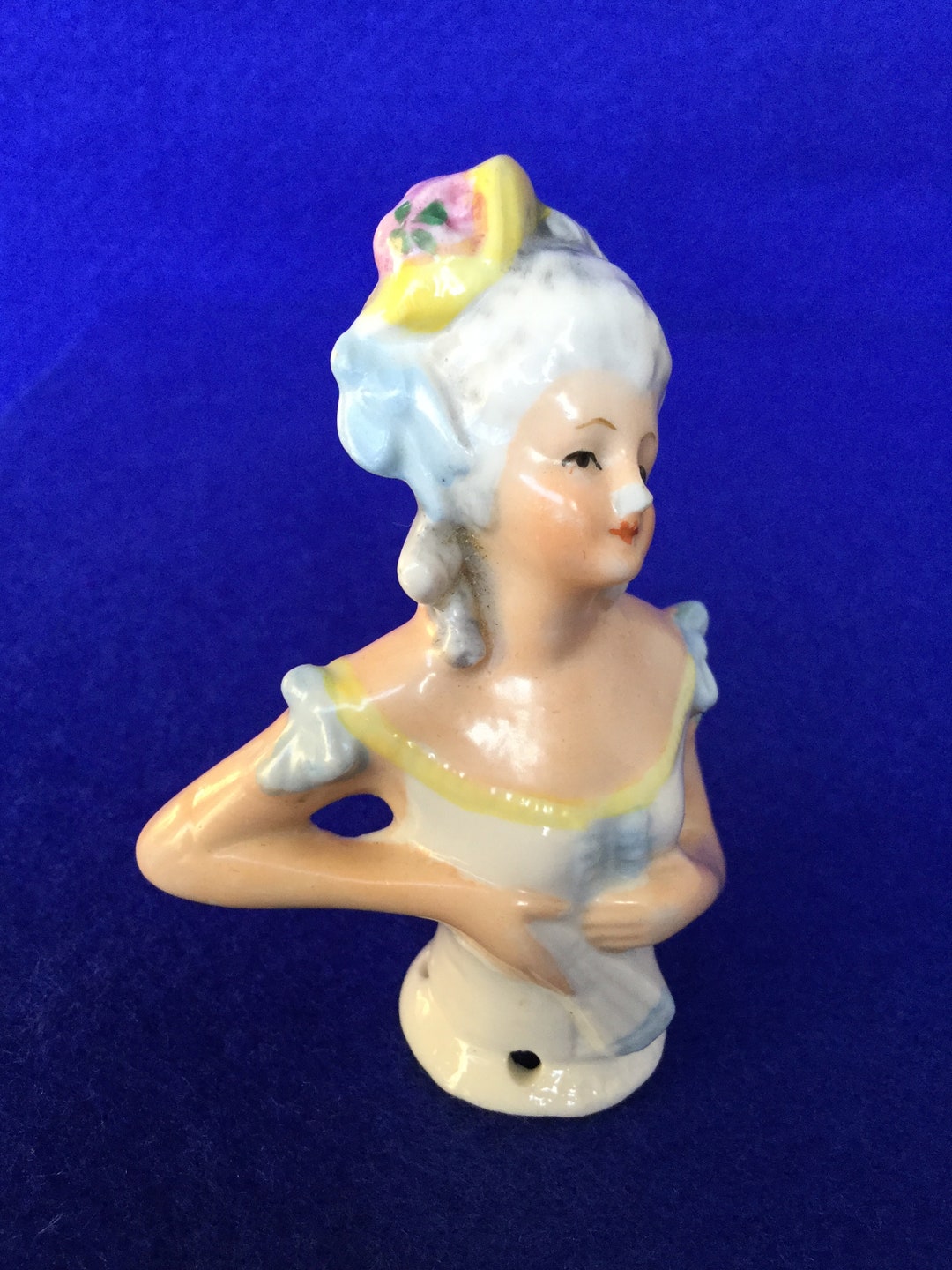 1920s Regency Half Doll Glazed Bisque Half Doll of Lady With a Fan With Revealing Blue Ball Gown