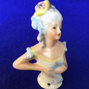 1920s Regency Half Doll  - Glazed Bisque Half Doll of Lady with a Fan with Revealing Blue Ball Gown  & Pompadour Hairstyle