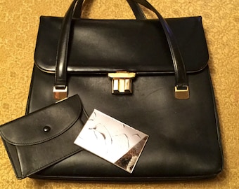 1950s ‘Gucci Black Vintage’ Leather Bag with Red Leather Lining, Purse & Double Sided Mirror, Top Handle, Gilt Fittings