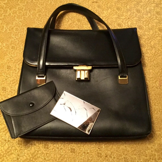 1950s gucci Black Vintage Leather Bag With Red Leather Lining