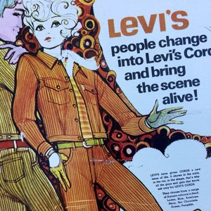 1968 Feuille publicitaire métallique Levi's, épreuve impression, avec le parrainage de la radio 208 Luxembourg.