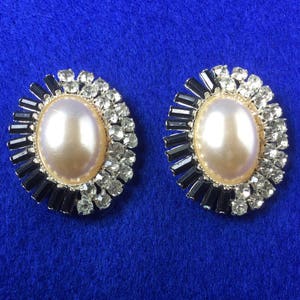 Butler and Wilson Faux Pearl Cabuchon with Diamante and Faux Onyx Surround Clip On Earrings