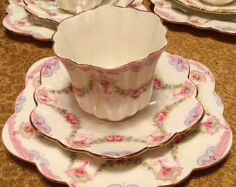 Antique Paragon China England Trio of Rose Swag Scalloped Gilt Edged Cup, Saucer & Plate