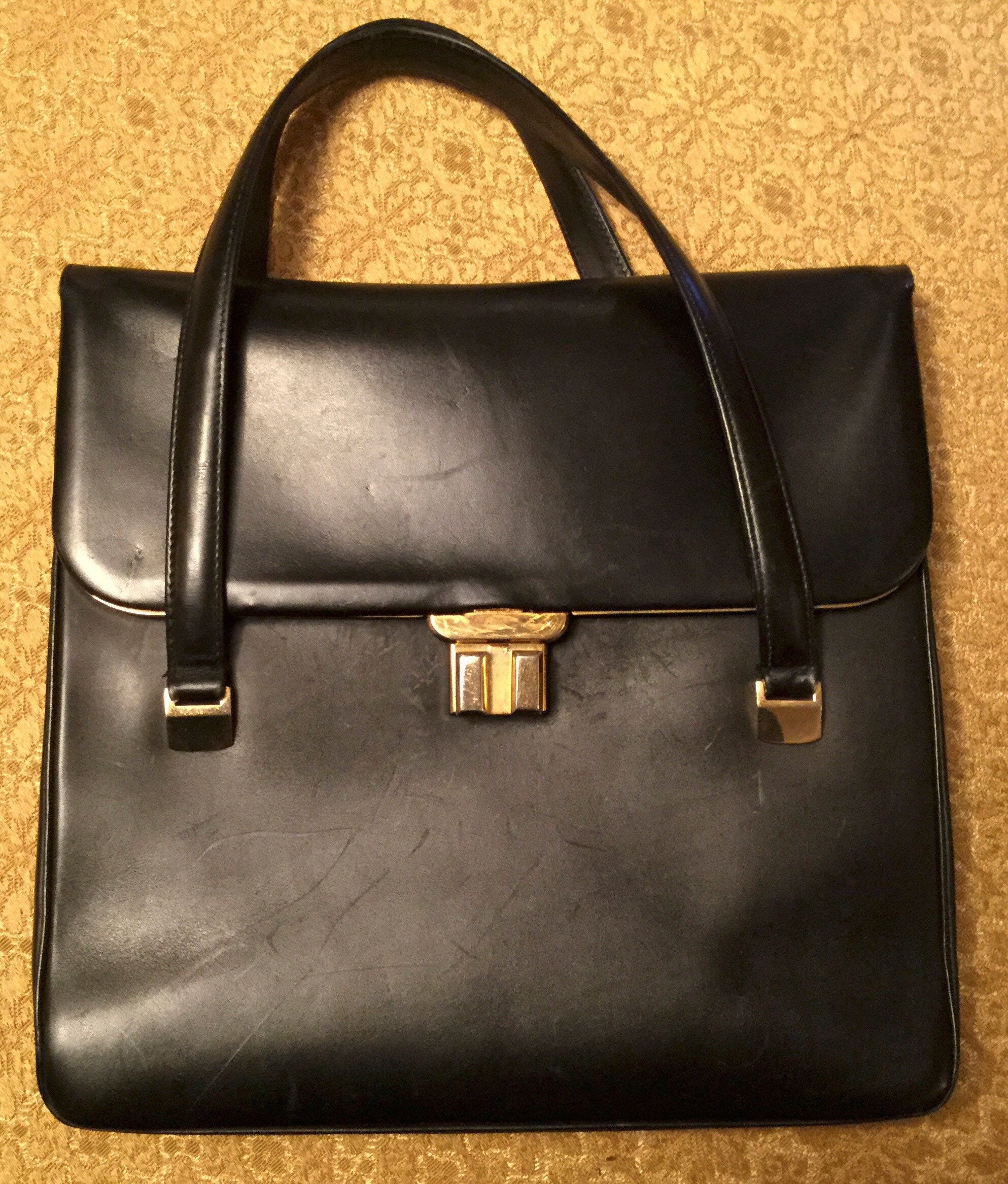 Gucci Rare Vintage 1950's Black Leather Handbag with Red Leather