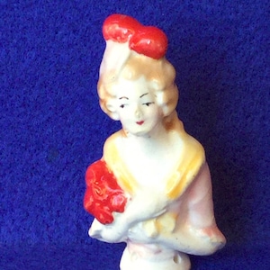 1920s Regency Style Half Doll  - Unmarked Glazed Bisque Half Doll with Red Bow & Red Flowers, Yellow Shawl, Pompadour Hairstyle, Some Repair