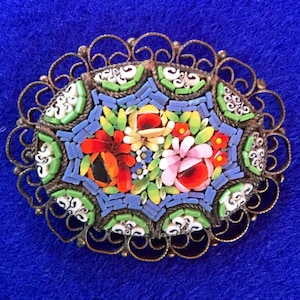 1930s Venetian Micro Mosaic Oval Bouquet Brooch with Filigree Frame