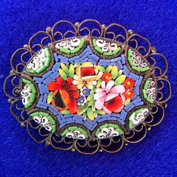 Broche Ancienne Bouquet De Fleurs En Micro-mosaïque Et Filigrane - Bijou Vintage