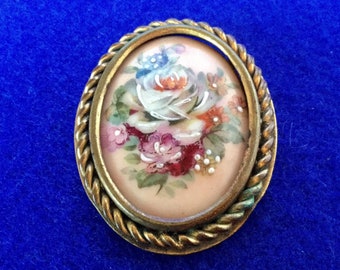 Broche Ancienne En Porcelaine De Limoges Avec Fleur - Bijou Vintage Occasion - Signé C D