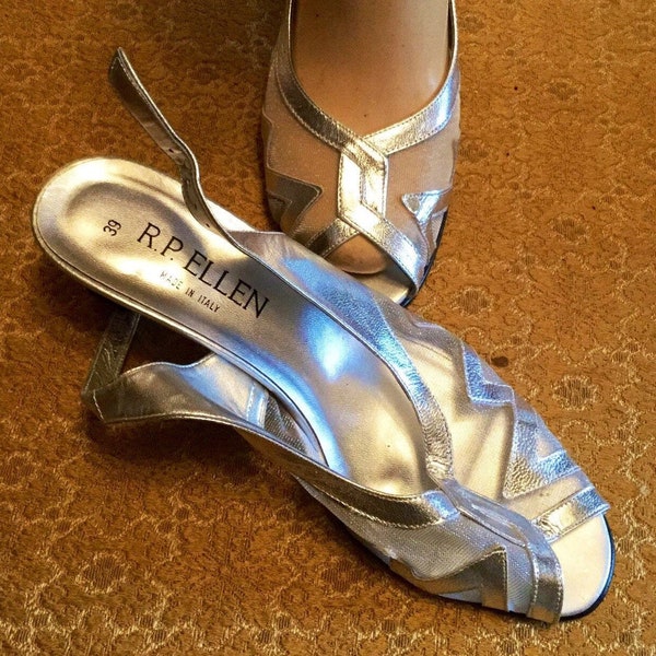 Vintage 1960s R.P.Ellen Silver Mesh & Lame Evening Slingback Shoes Size 39 Made In Italy