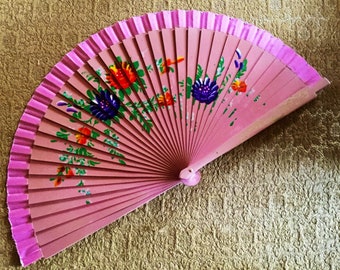 Vintage 1950s Hand Painted Fan - Exquisitely Painted Pink Fan with Red & Purple Flowers and Leaves with Gold Scrolling
