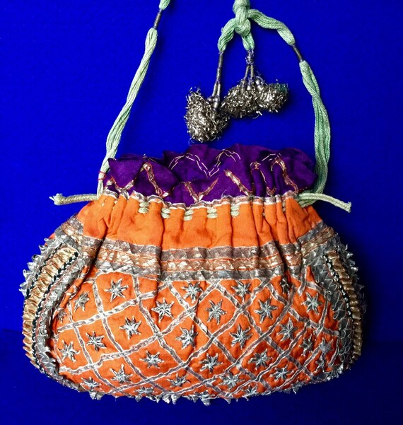 Vintage 1920s Indian Embroidered Orange Silk & Silver Thread Drawstring Potli Bag