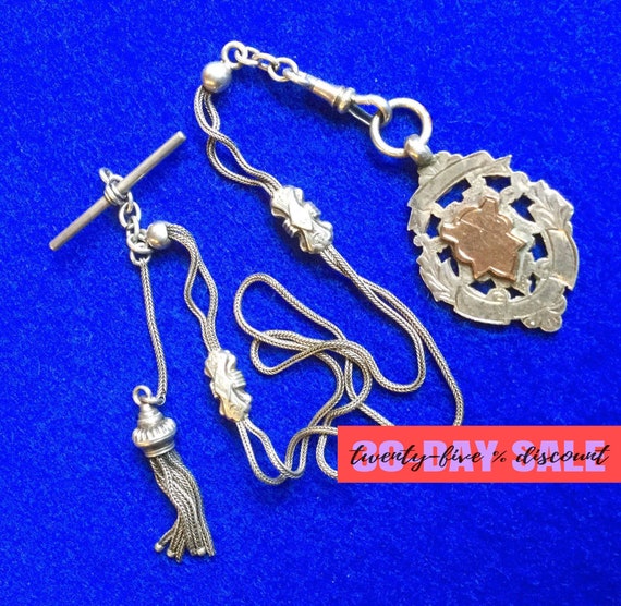 Silver Victorian Albert Watch Chain with Two Fobs