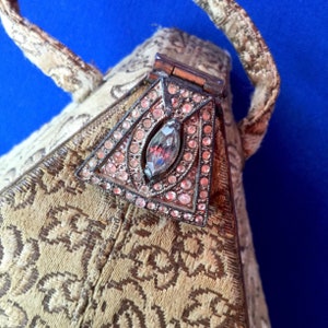 Edwardian Silk Brocade French Art Deco Tricorn Shaped Evening Bag or Clutch Purse with a Rhinestone Deco Clasp and Brass Frame