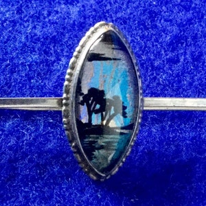 Stunning Antique 1920s Butterfly Wing Reverse Painted Morpho Jewellery - Sterling Silver Oval Lapel, Cravat or Tie Pin