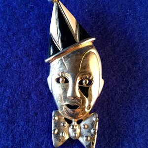 1950s Pierrot Brooch - Classic 1950s Clown Brooch in Reflective Goldtone with Tearful Eye, Pointed Hat, Studded Bow Tie Black Enamel Details image 3