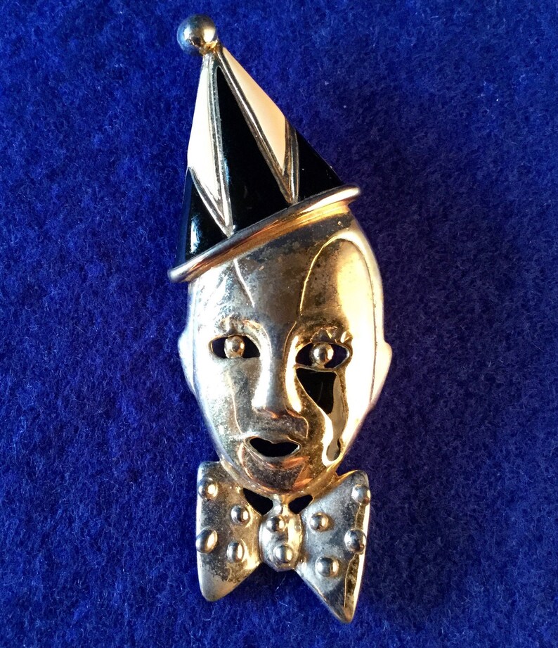 1950s Pierrot Brooch - Classic 1950s Clown Brooch in Reflective Goldtone with Tearful Eye, Pointed Hat, Studded Bow Tie Black Enamel Details image 3
