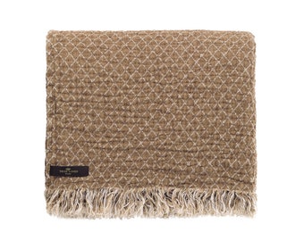 Nordic Linen Throw Rhombus. Large Scandi Style Brown Throw, Linen Bed Cover, Linen Bed Spread.