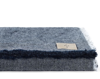 Pure Linen Night Blue Throw Blanket Comforter: Soft Twill Weave Fringed Bed Cover