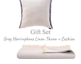 Herringbone Linen Throw Cushion Cover Set. Sofa, bed throw. Home interior organic linen furnishings. Gift Set Japandi style