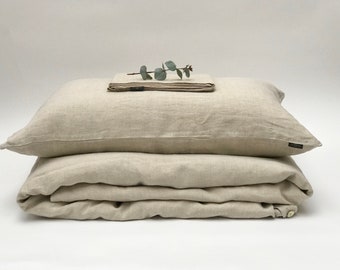 100% Pure Linen Natural Coloured Bedding Set: Washed Linen Duvet Cover with Buttons