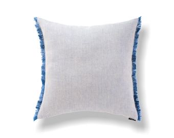 Blue Linen Cushion, With Fringe. Linen Decor Cushion, Linen Pillow Case, Pillow Sham.