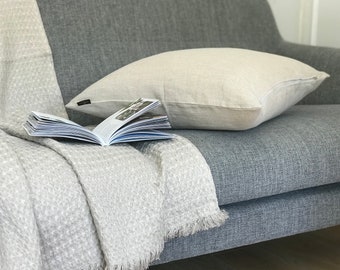 Waffle Weave Linen Throw Blanket Comforter In Sand: Scandi Home Decor (170cm x 130cm)