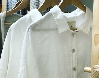 White Linen Shirt. Casual Smart. Oversized Linen Shirt. Button-Up. Loose-Fitting Shirt