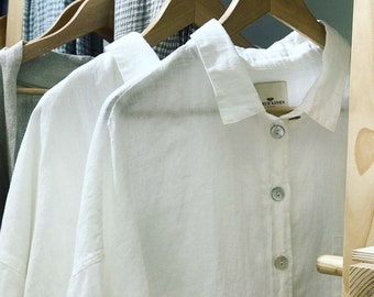 Oversized White Linen Shirt, Relaxed Fit, Button Up: 100% Pure Linen