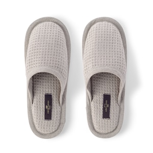 Linen Waffle Bath Unisex Slippers in Natural, Beige. Organic Spa, Sauna Slippers, Waffle Weave. image 1